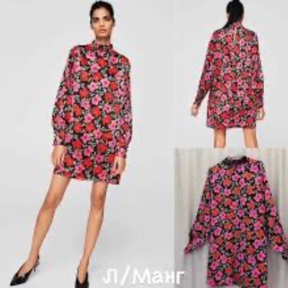 Mango Mini dress Floral Long Sleeve Shift Satin High Neck Black Pink Red Sz XS